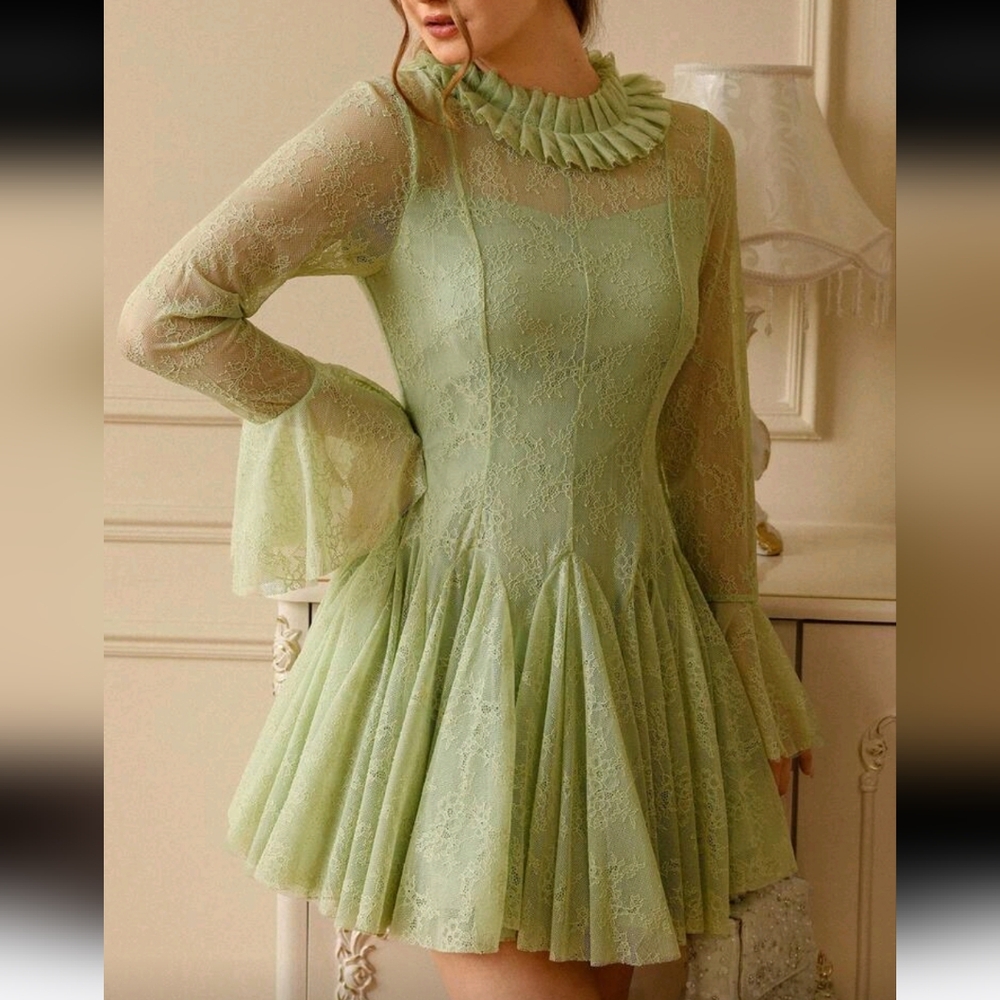 Green Crochet Lace Ruffle Trim Pleated Bodice Flared Skirt Waist Cinched Party D - Picture 3 of 4